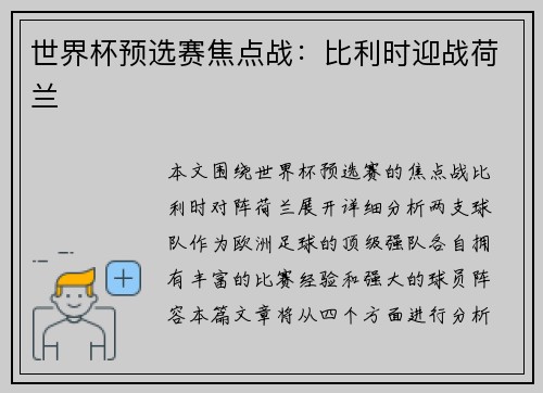 世界杯预选赛焦点战：比利时迎战荷兰