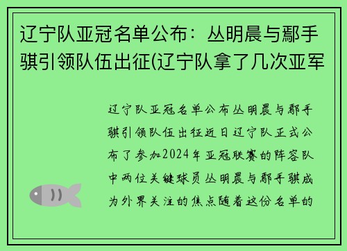 辽宁队亚冠名单公布：丛明晨与鄢手骐引领队伍出征(辽宁队拿了几次亚军)