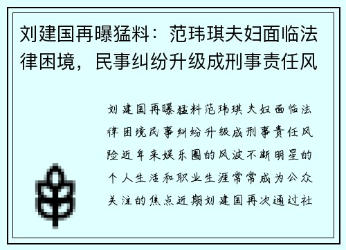 刘建国再曝猛料：范玮琪夫妇面临法律困境，民事纠纷升级成刑事责任风险
