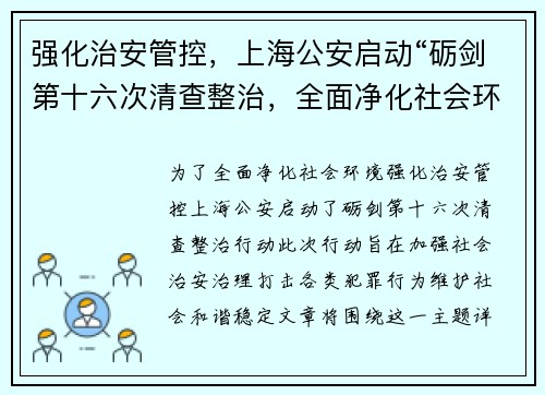 强化治安管控，上海公安启动“砺剑第十六次清查整治，全面净化社会环境