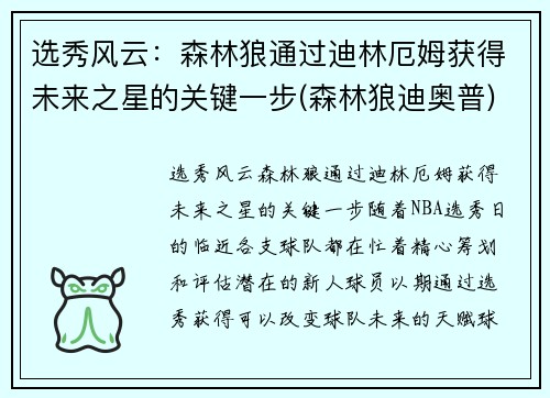 选秀风云：森林狼通过迪林厄姆获得未来之星的关键一步(森林狼迪奥普)